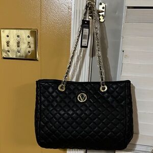 Quilted Black Tote with Gold Chain Handles